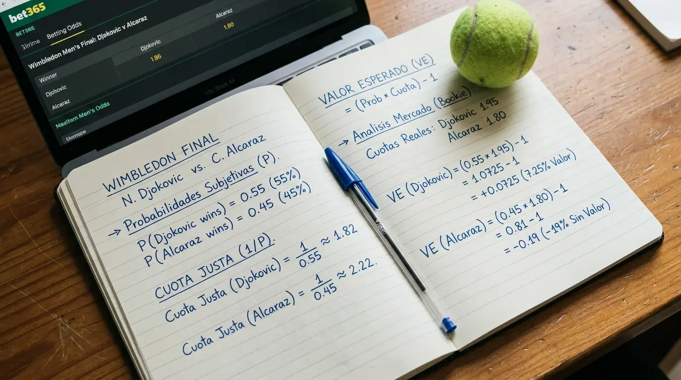 Hoja de análisis con cálculo de valor esperado y cuota justa para un partido de Wimbledon
