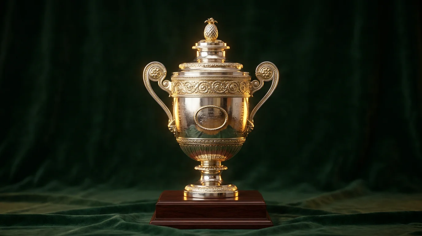 Trofeo dorado de campeón individual masculino de Wimbledon sobre pedestal con cintas verdes y moradas